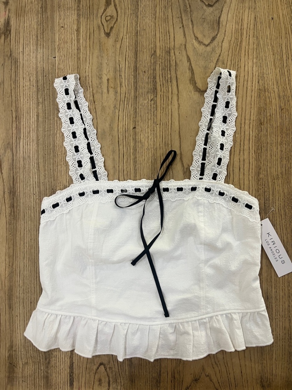 White Lace-Trim Crop Top with Black Ribbon